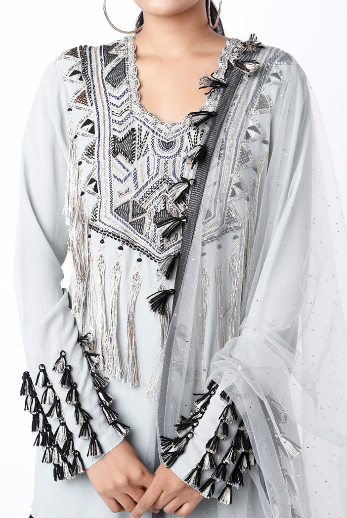 Pale Blue Colour Georgette Embroidered Kurta With Mukaish Georgette Sharara And Dot Mukaish Dupatta