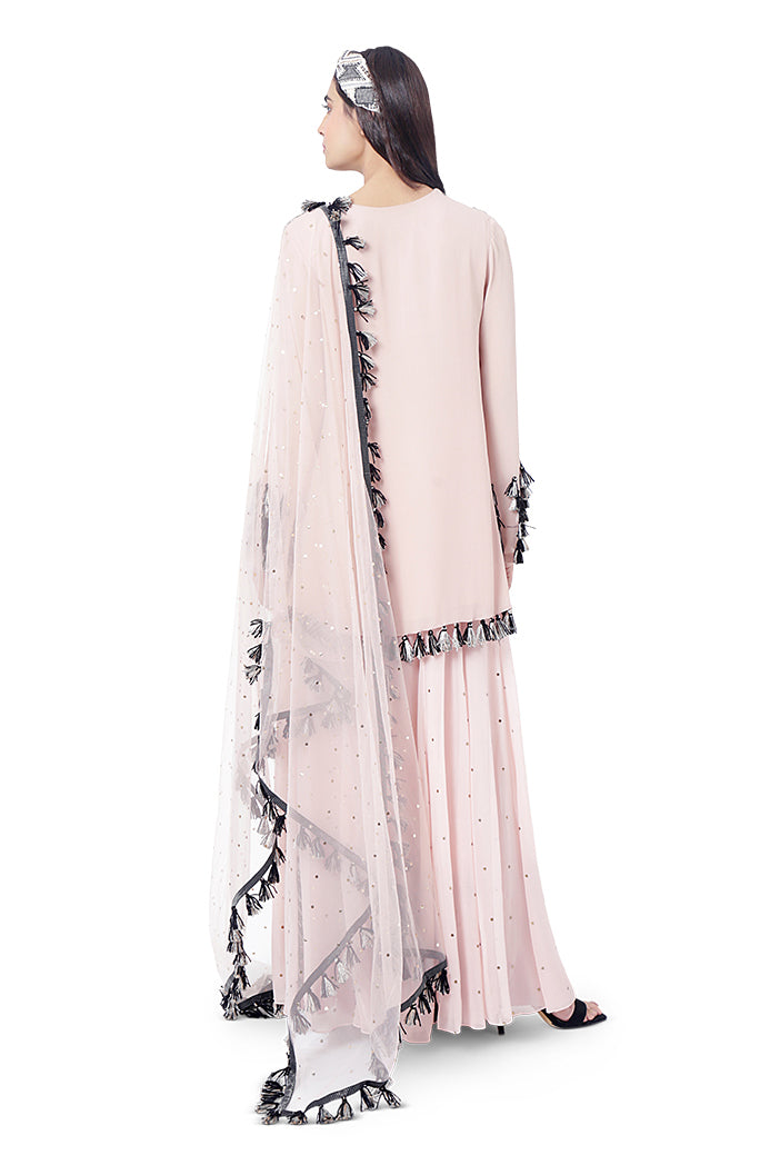 Aizza Rose Pink Colour Georgette Embroidered Kurta with Mukaish Georgette Sharara and Dot Mukaish Dupatta