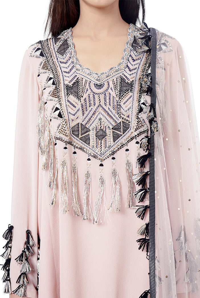 Aizza Rose Pink Colour Georgette Embroidered Kurta with Mukaish Georgette Sharara and Dot Mukaish Dupatta