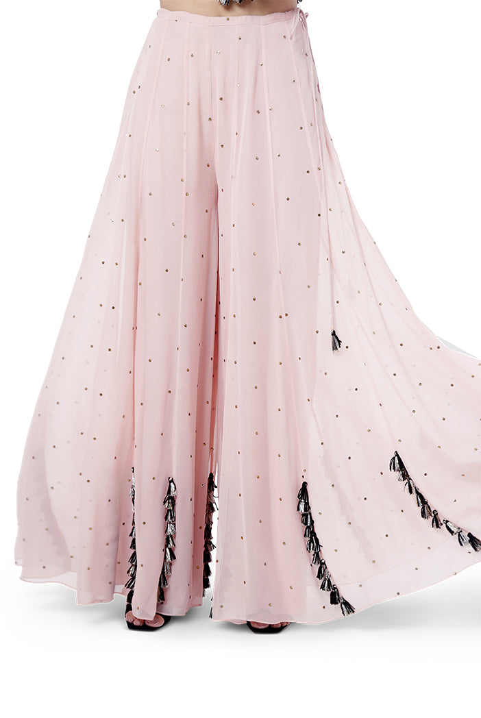 Aizza Rose Pink Colour Georgette Embroidered Kurta with Mukaish Georgette Sharara and Dot Mukaish Dupatta