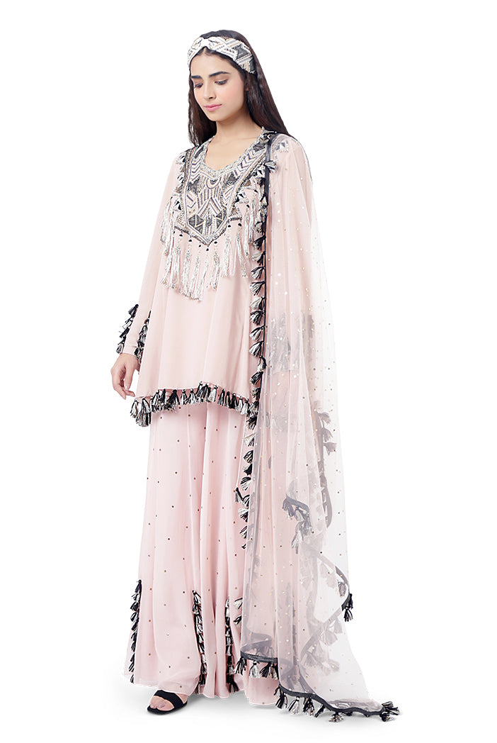 Aizza Rose Pink Colour Georgette Embroidered Kurta with Mukaish Georgette Sharara and Dot Mukaish Dupatta