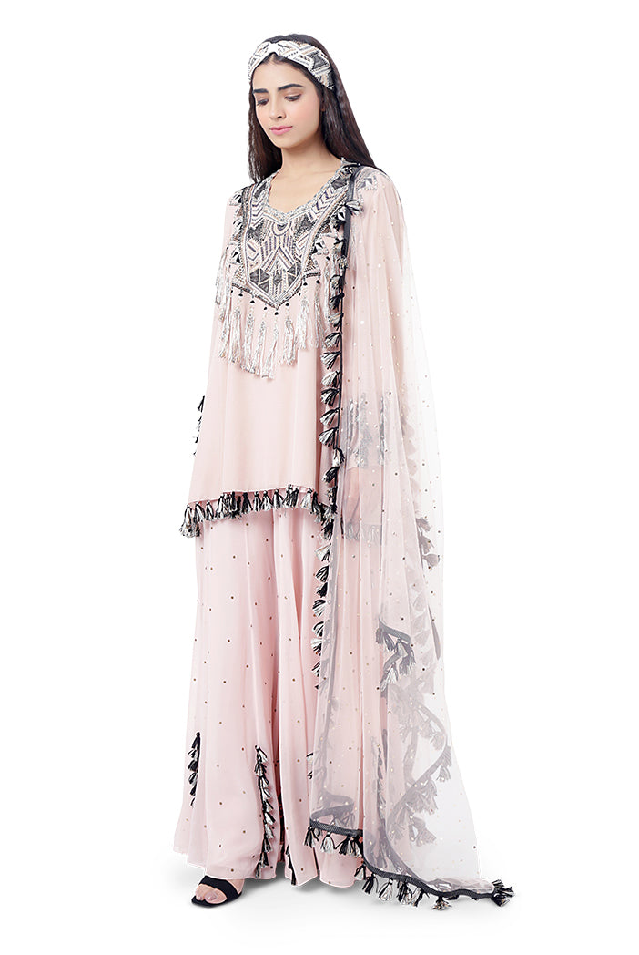 Aizza Rose Pink Colour Georgette Embroidered Kurta with Mukaish Georgette Sharara and Dot Mukaish Dupatta