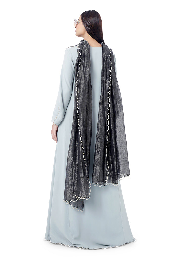 Aiman Pale Blue Colour Georgette Embroidered High-Low Kurta with Frill Palazzo and Black Colour Chanderi Stripe Dupatta