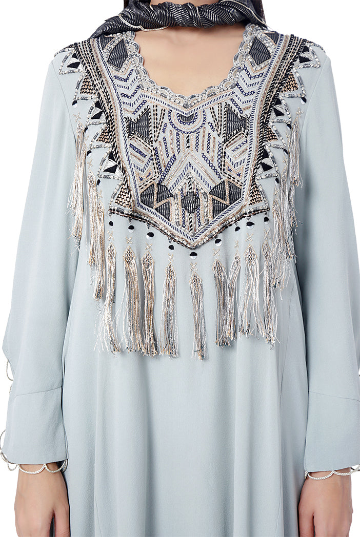 Aiman Pale Blue Colour Georgette Embroidered High-Low Kurta with Frill Palazzo and Black Colour Chanderi Stripe Dupatta