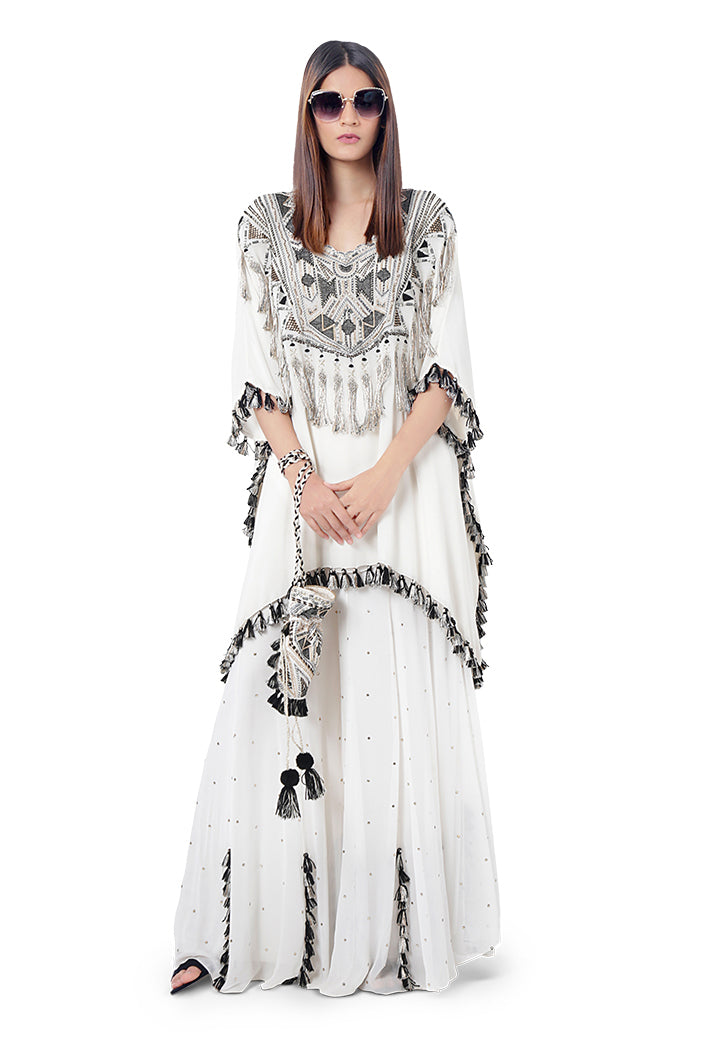 Amaya Chalk White Colour Georgette Embroidered Short Kaftan with Sharara