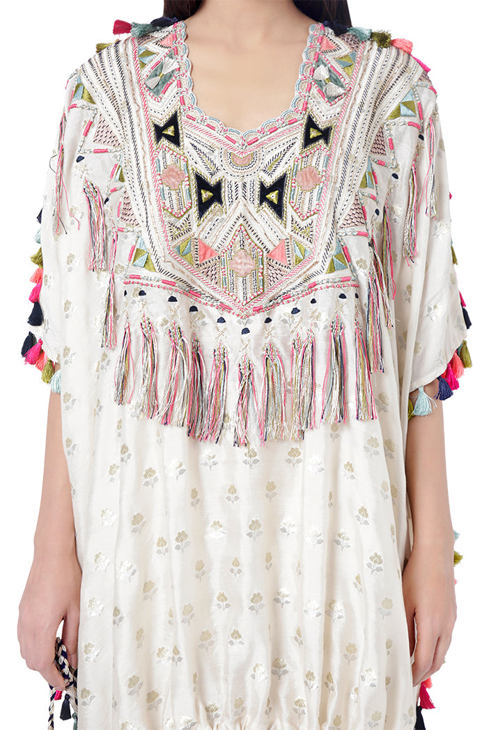 Duha Chalk White Colour Floral Brocade Yoke Embroidered Kaftan with Drawstring Details and Jogger Pant