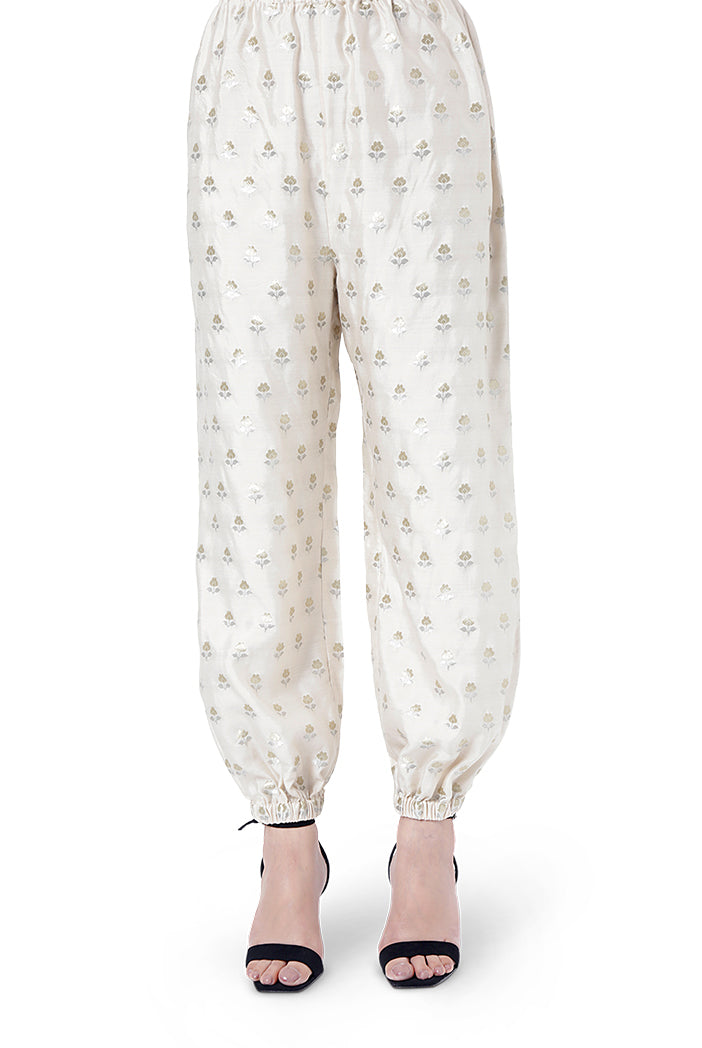 Duha Chalk White Colour Floral Brocade Yoke Embroidered Kaftan with Drawstring Details and Jogger Pant