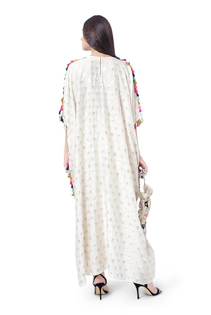 Duha Chalk White Colour Floral Brocade Yoke Embroidered Kaftan with Drawstring Details and Jogger Pant