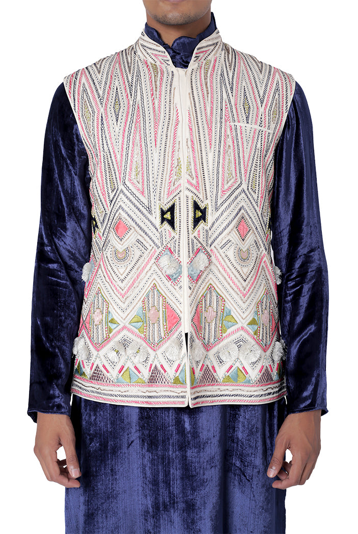 Chalk White Colour Georgette Bandi with Navy Colour Velvet Kurta and Jogger Pant