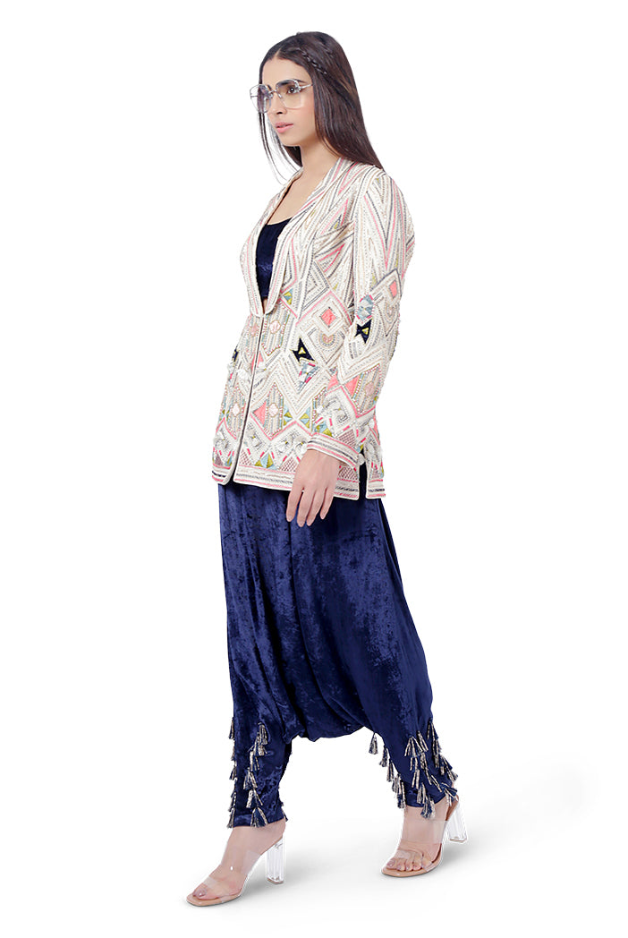 Fariat Chalk White Colour Georgette Embroidered Jacket with Navy Colour Velvet Bustier and Low Crotch Pant