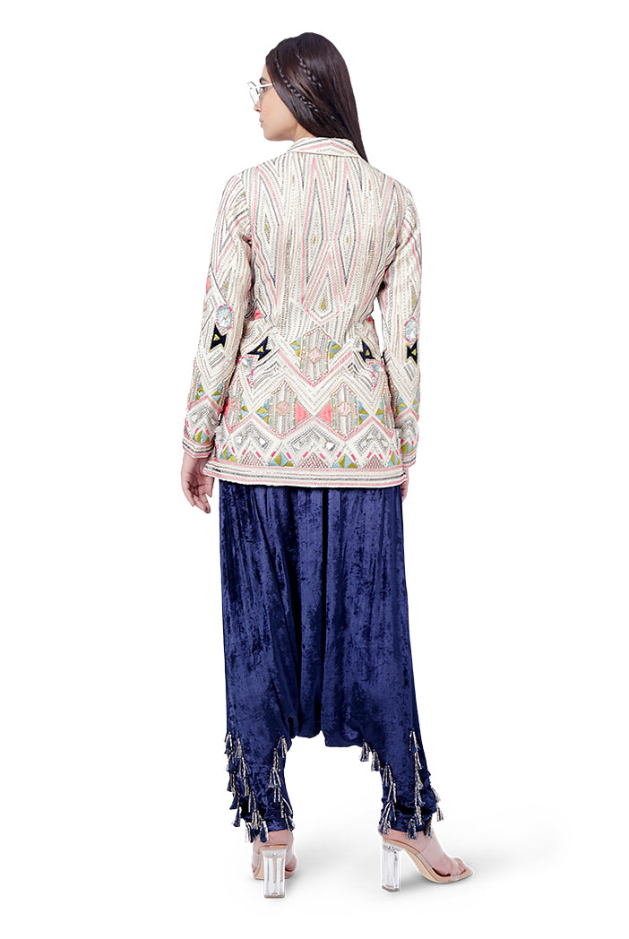 Fariat Chalk White Colour Georgette Embroidered Jacket with Navy Colour Velvet Bustier and Low Crotch Pant