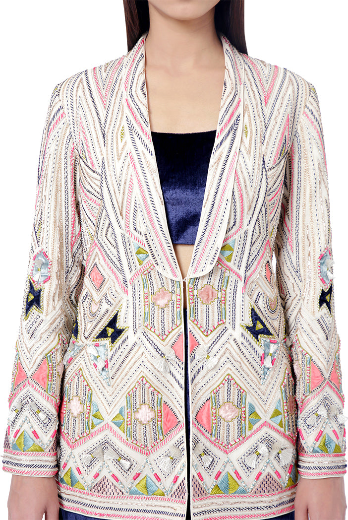 Fariat Chalk White Colour Georgette Embroidered Jacket with Navy Colour Velvet Bustier and Low Crotch Pant