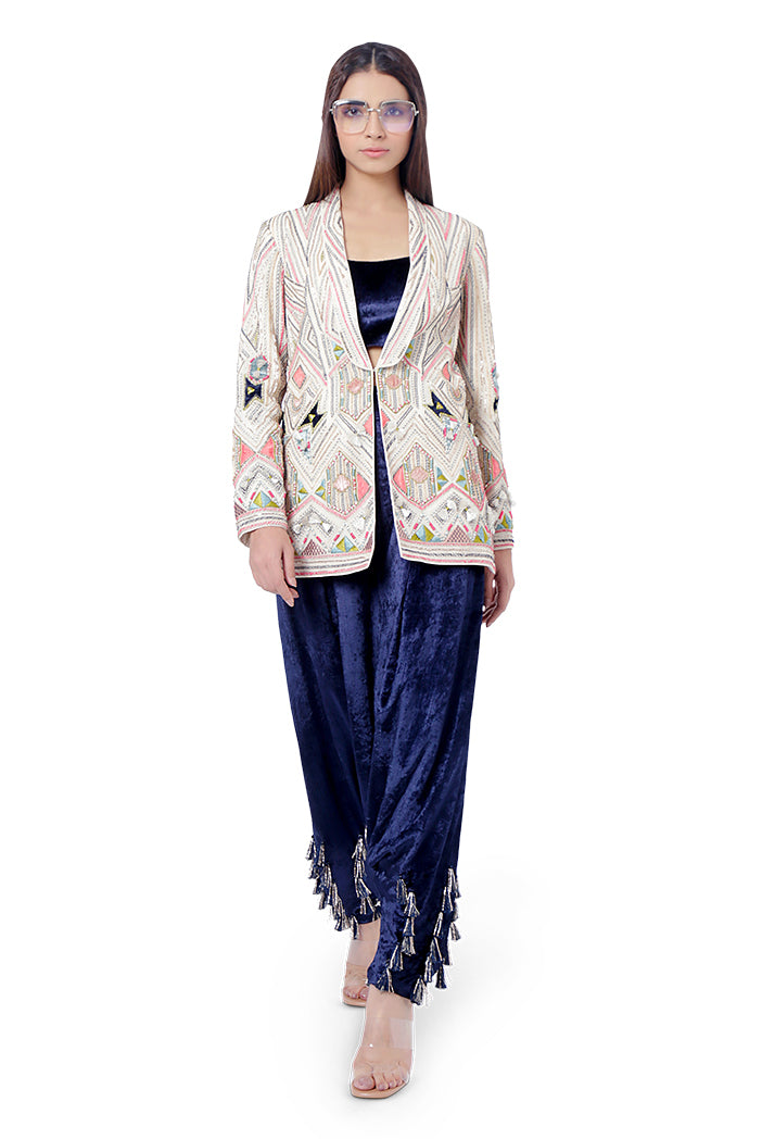 Fariat Chalk White Colour Georgette Embroidered Jacket with Navy Colour Velvet Bustier and Low Crotch Pant