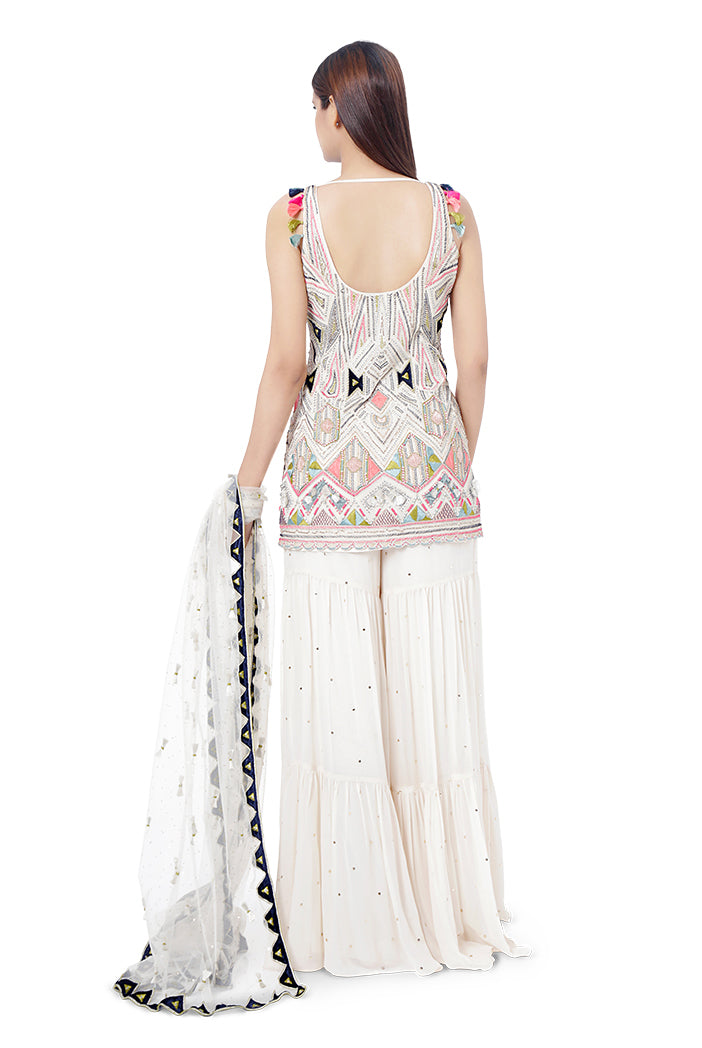 Fizza Chalk White Colour Georgette Embroidered Kurta with Mukaish Georgette Sharara and Mukaish Net Dupatta