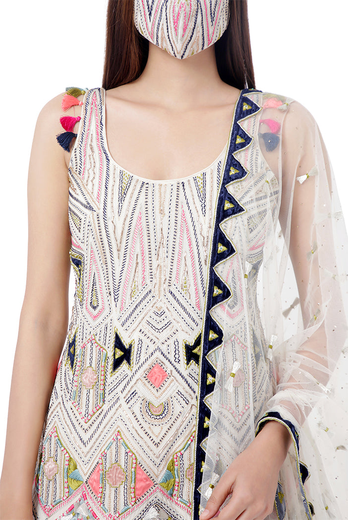 Fizza Chalk White Colour Georgette Embroidered Kurta with Mukaish Georgette Sharara and Mukaish Net Dupatta