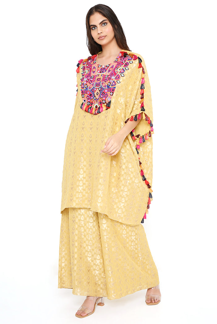 Pale Yellow Brocade Georgette Yoke Embroidered Short Kaftan With Tassel Details And Palazzo