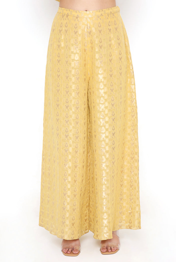 Pale Yellow Brocade Georgette Yoke Embroidered Short Kaftan With Tassel Details And Palazzo