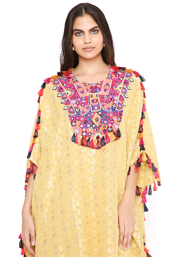 Pale Yellow Brocade Georgette Yoke Embroidered Short Kaftan With Tassel Details And Palazzo