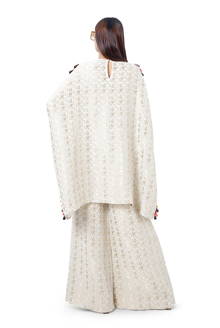 Hafsa Chalk White Colour Ikat Brocade Georgette Embroidered Short Kaftan with Palazzo