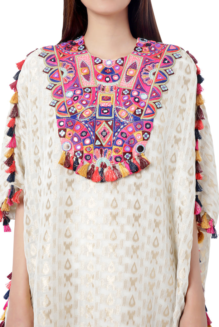Hafsa Chalk White Colour Ikat Brocade Georgette Embroidered Short Kaftan with Palazzo