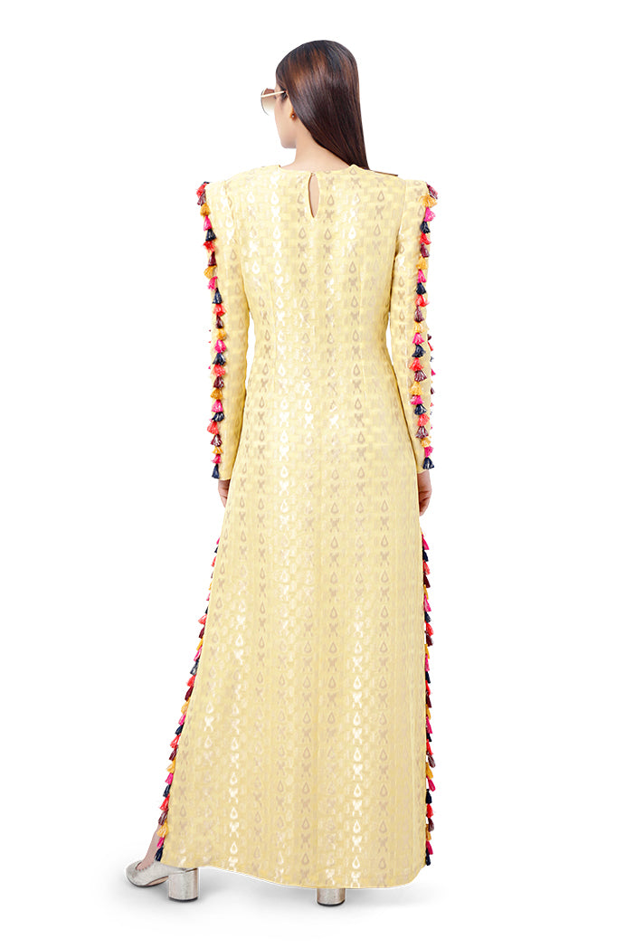 Hasana Pale Yellow Colour Ikat Brocade Georgette Embroidered Kaftan