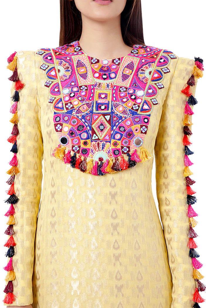 Hasana Pale Yellow Colour Ikat Brocade Georgette Embroidered Kaftan