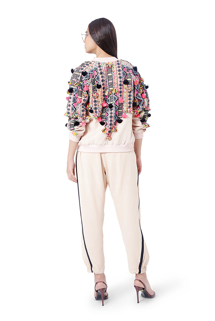 Mahah Stone Colour Georgette Embroidered Bomber Jacket with Jogger Pant and Black Georgette Embroidered Bustier