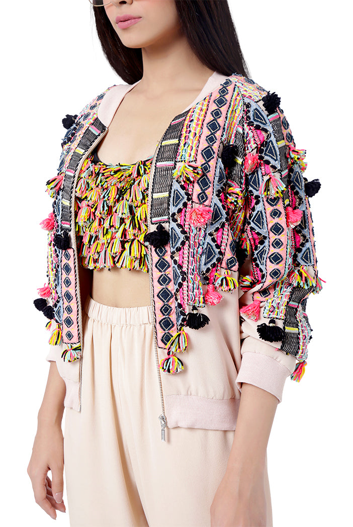 Mahah Stone Colour Georgette Embroidered Bomber Jacket with Jogger Pant and Black Georgette Embroidered Bustier