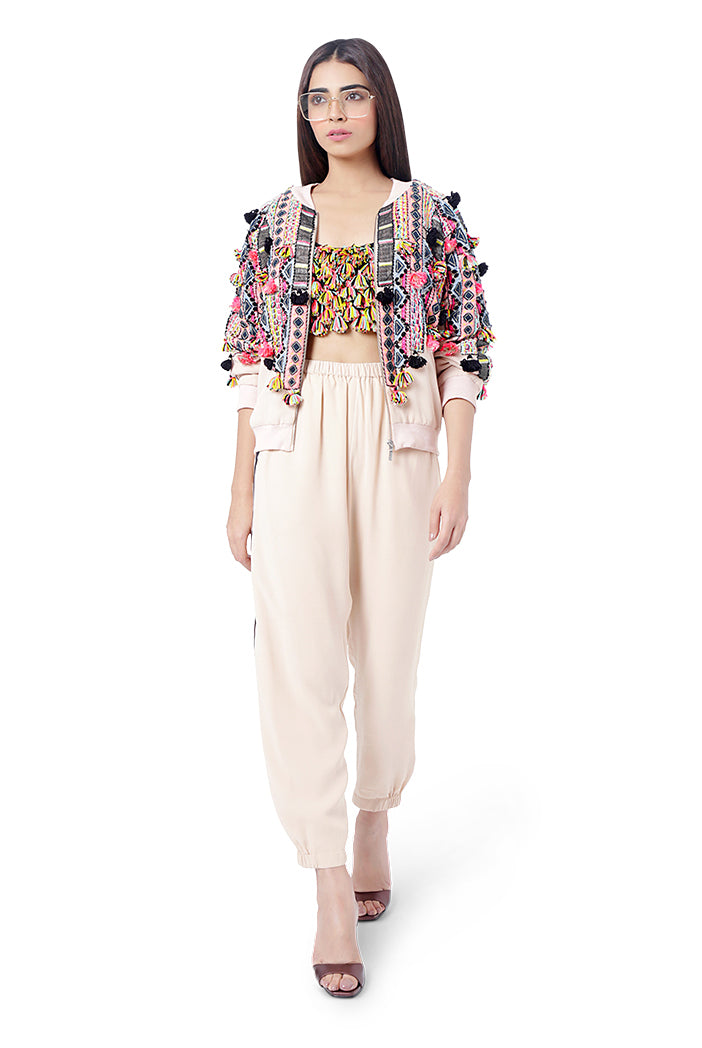 Mahah Stone Colour Georgette Embroidered Bomber Jacket with Jogger Pant and Black Georgette Embroidered Bustier