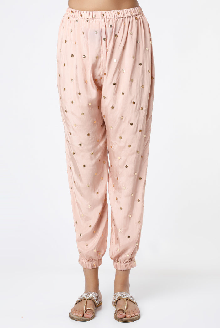 Rose Pink Colour Dot Mukaish Silk Yoke Embroidered Hi Low Kaftaan And Jogger Pants