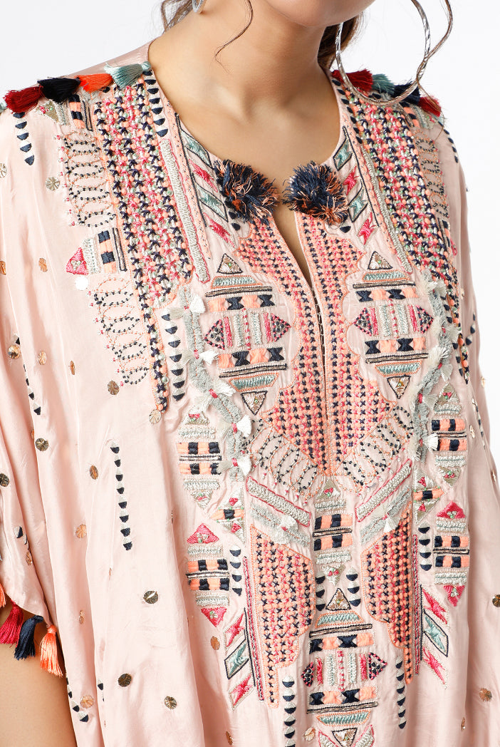 Rose Pink Colour Dot Mukaish Silk Yoke Embroidered Hi Low Kaftaan And Jogger Pants