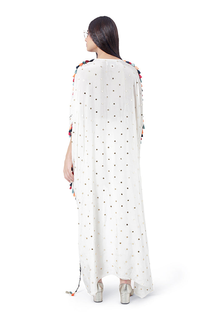 Maliha Chalk White Colour Dot Mukaish Silk Embroidered High-Low Kaftan with Jogger Pant