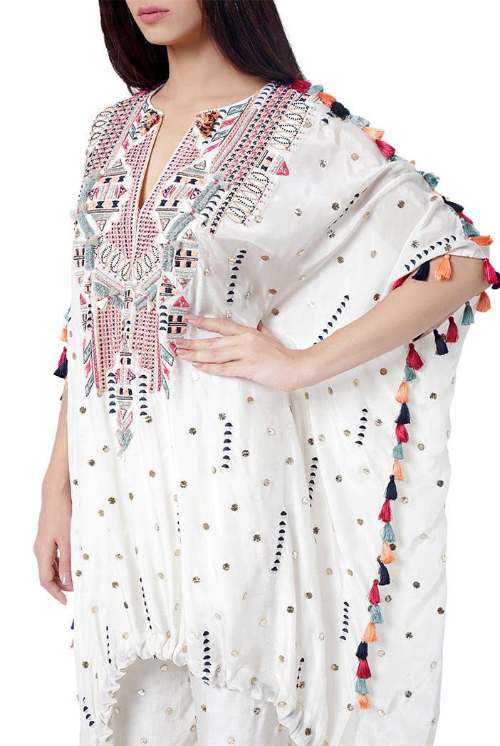 Maliha Chalk White Colour Dot Mukaish Silk Embroidered High-Low Kaftan with Jogger Pant