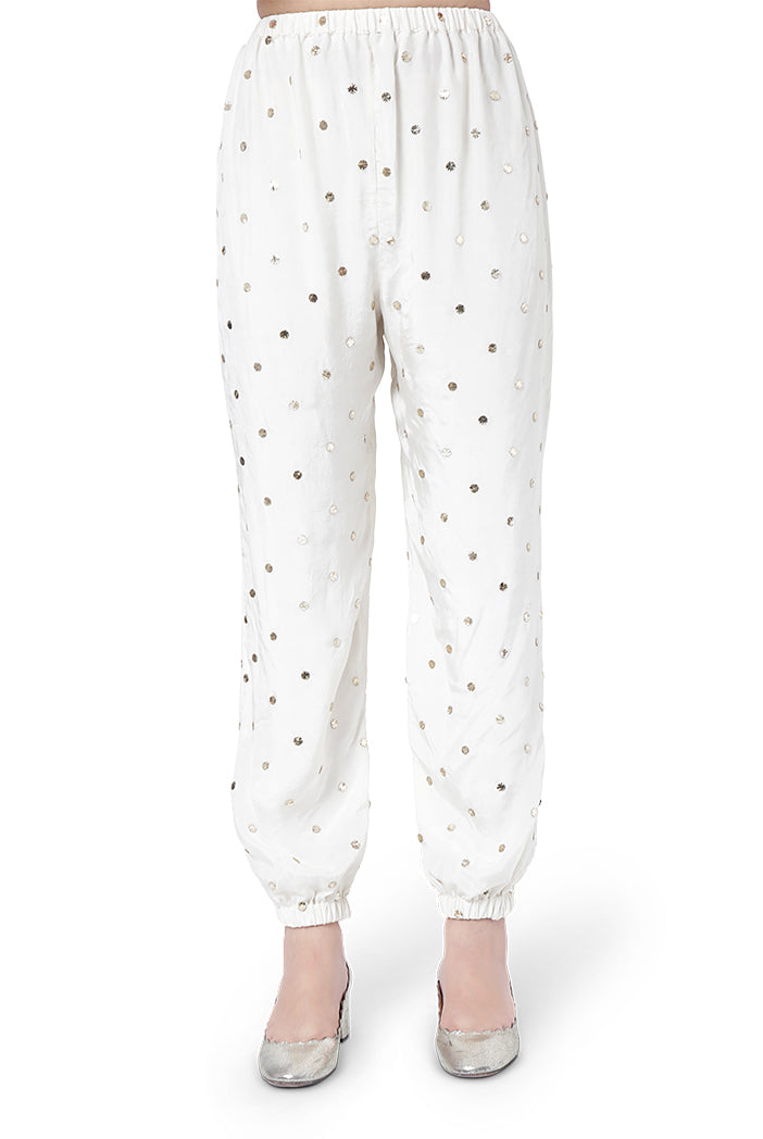 Maliha Chalk White Colour Dot Mukaish Silk Embroidered High-Low Kaftan with Jogger Pant