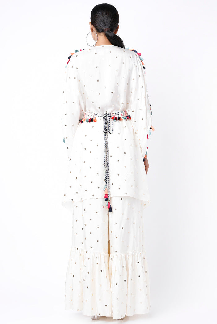 White Colour Dot Mukaish Georgette Embroidered Yoke Kaftaan With Belt And Frill Palazzo