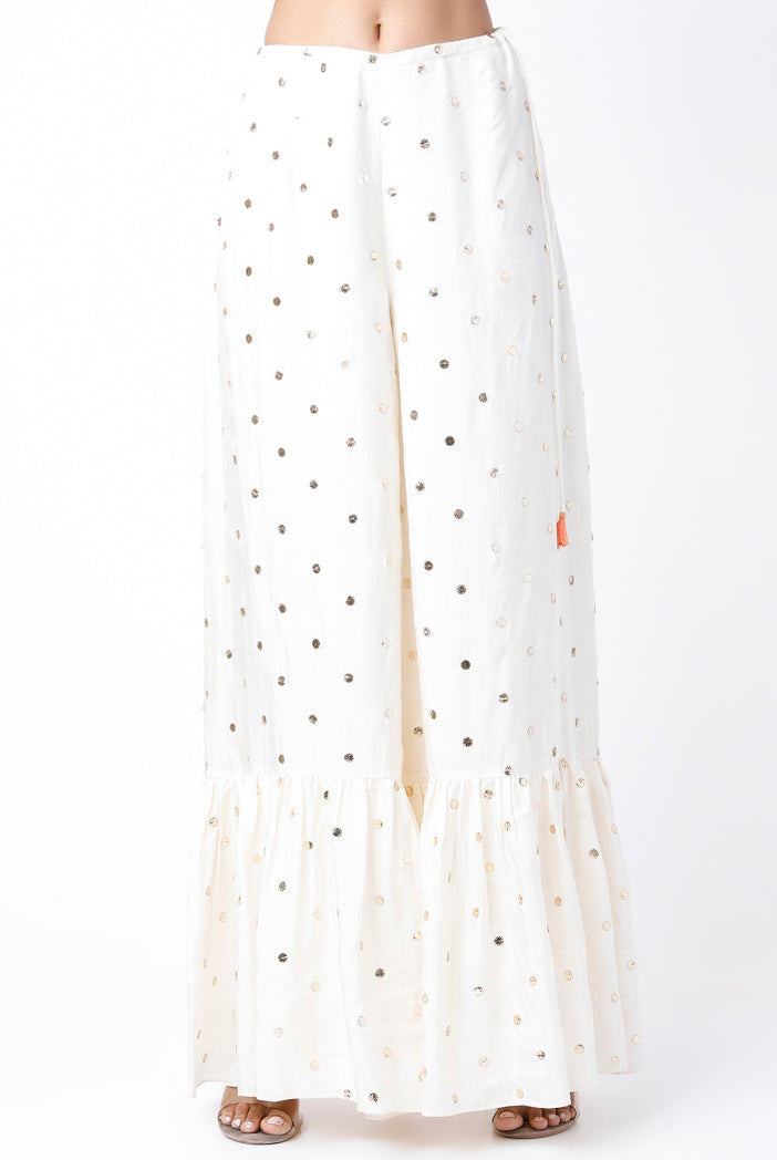 White Colour Dot Mukaish Georgette Embroidered Yoke Kaftaan With Belt And Frill Palazzo