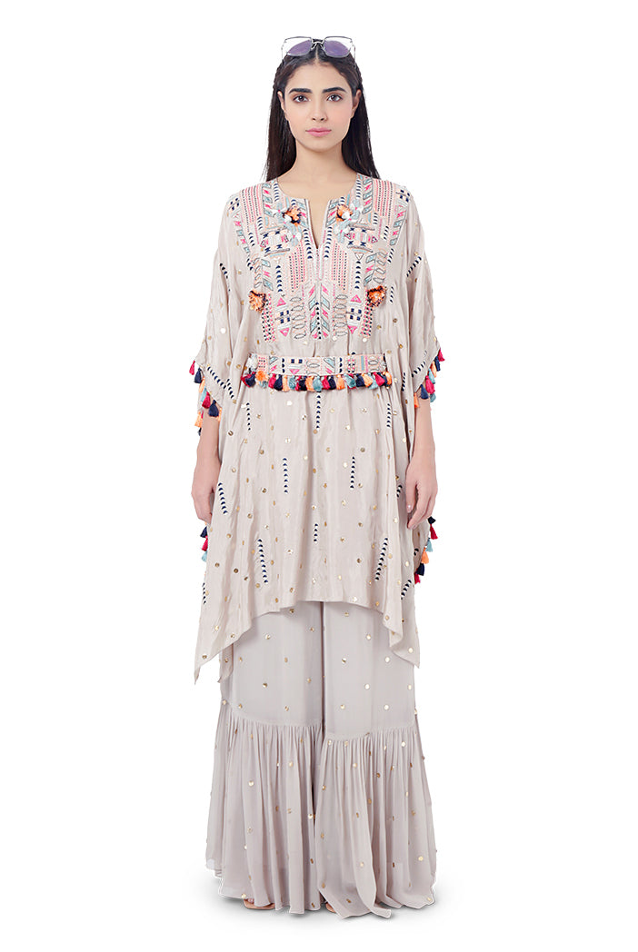 Meer Grey Colour Dot Mukaish Silk Embroidered Kaftan with Belt and Mukaish Georgette Frill Palazzo