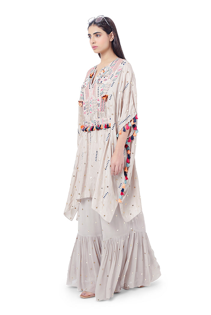Meer Grey Colour Dot Mukaish Silk Embroidered Kaftan with Belt and Mukaish Georgette Frill Palazzo