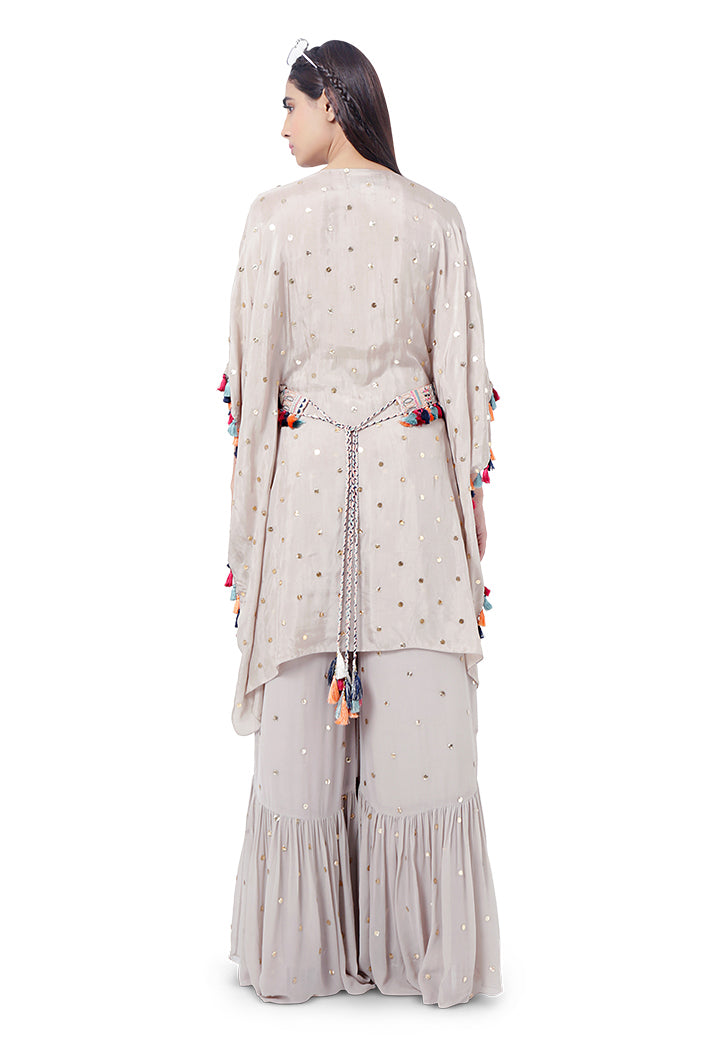 Meer Grey Colour Dot Mukaish Silk Embroidered Kaftan with Belt and Mukaish Georgette Frill Palazzo