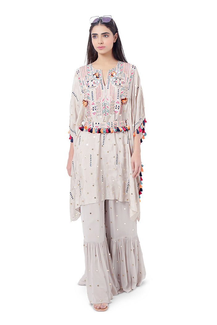 Meer Grey Colour Dot Mukaish Silk Embroidered Kaftan with Belt and Mukaish Georgette Frill Palazzo