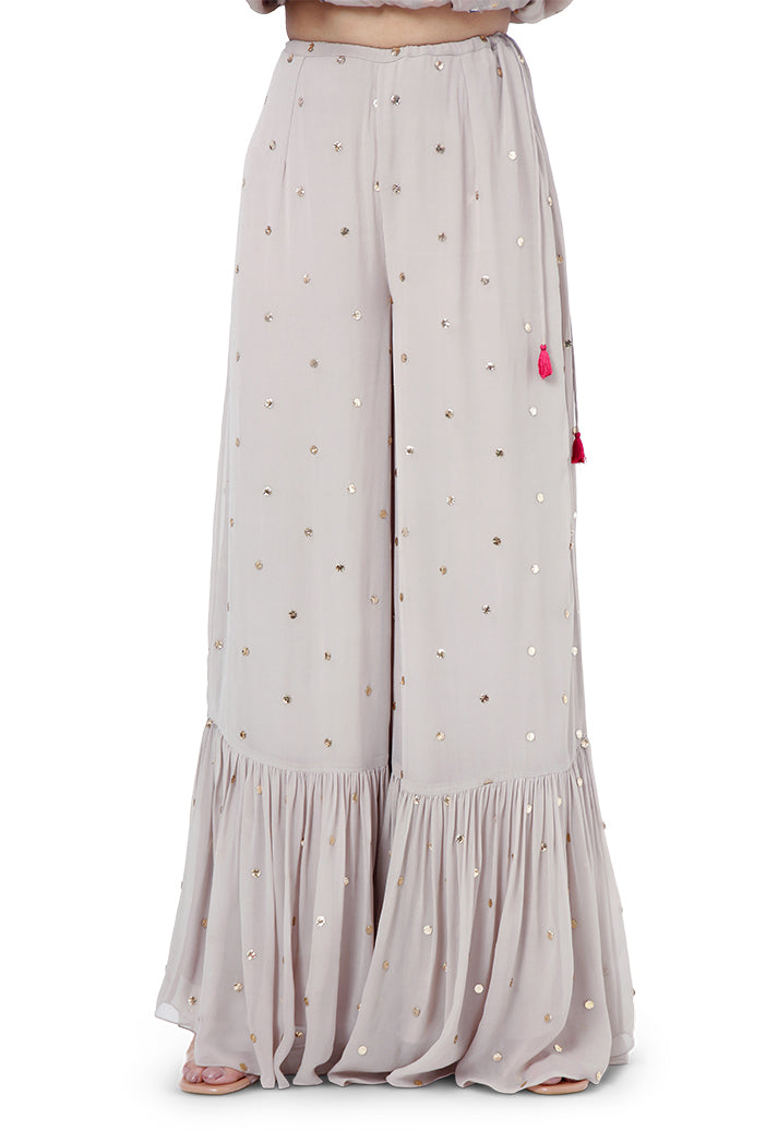 Meer Grey Colour Dot Mukaish Silk Embroidered Kaftan with Belt and Mukaish Georgette Frill Palazzo