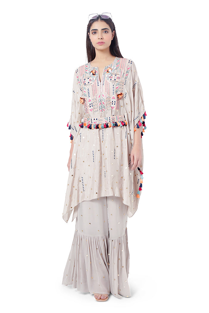 Meer Grey Colour Dot Mukaish Silk Embroidered Kaftan with Belt and Mukaish Georgette Frill Palazzo