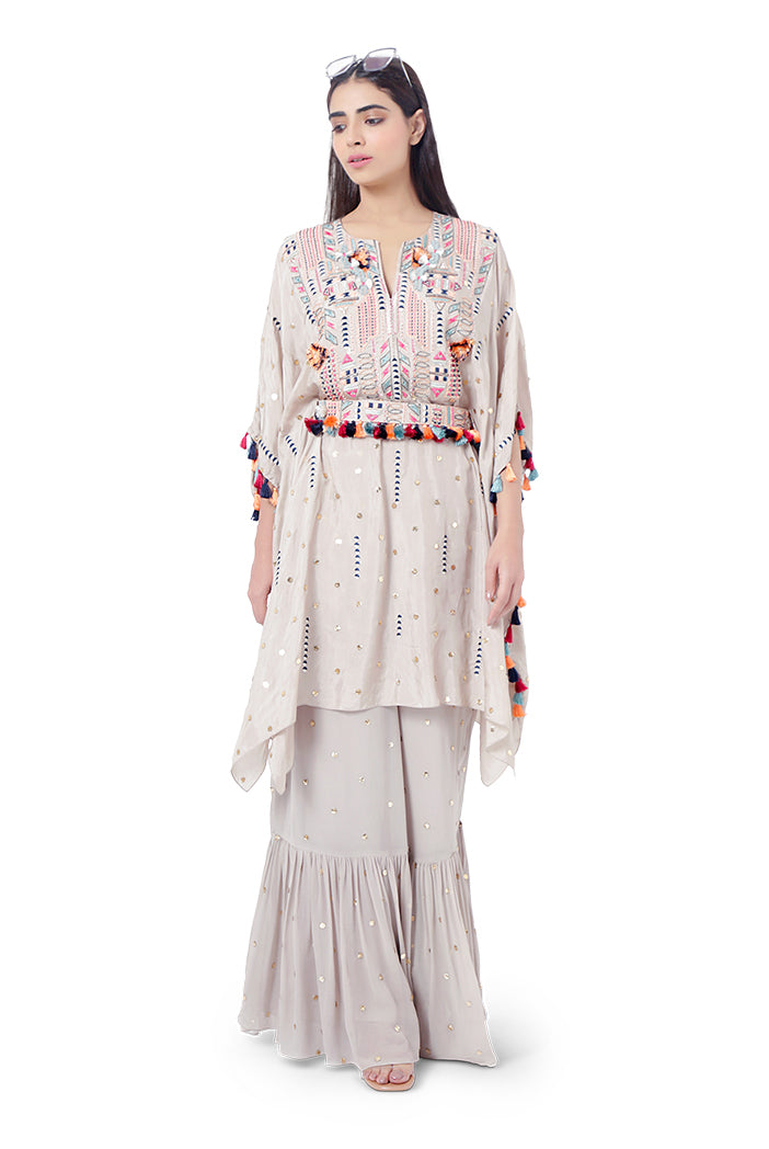 Meer Grey Colour Dot Mukaish Silk Embroidered Kaftan with Belt and Mukaish Georgette Frill Palazzo