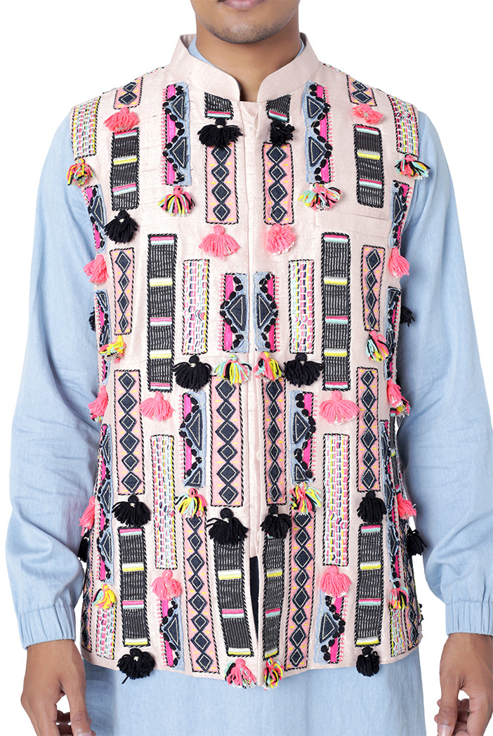 Stone Colour Dupion Silk Bandi with Blue Colour Denim Bomber Kurta and Jogger Pant