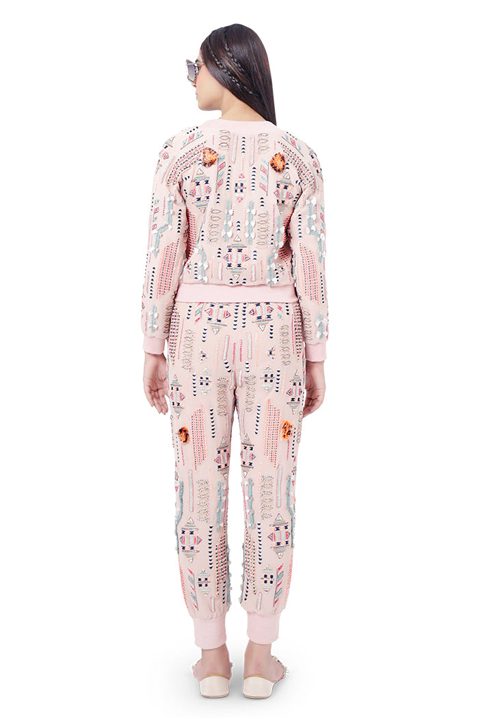Mirah Rose Pink Colour Georgette Embroidered Bomber Jacket with Jogger Pants