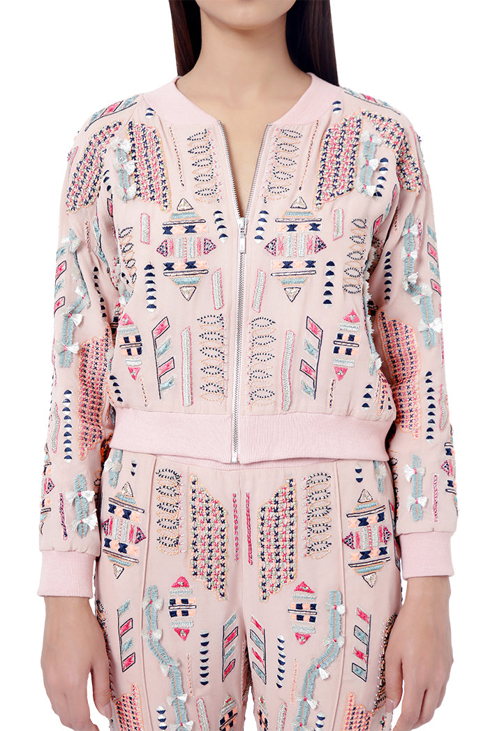 Mirah Rose Pink Colour Georgette Embroidered Bomber Jacket with Jogger Pants