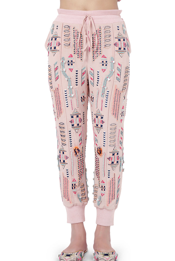 Mirah Rose Pink Colour Georgette Embroidered Bomber Jacket with Jogger Pants