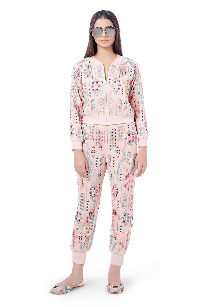 Mirah Rose Pink Colour Georgette Embroidered Bomber Jacket with Jogger Pants