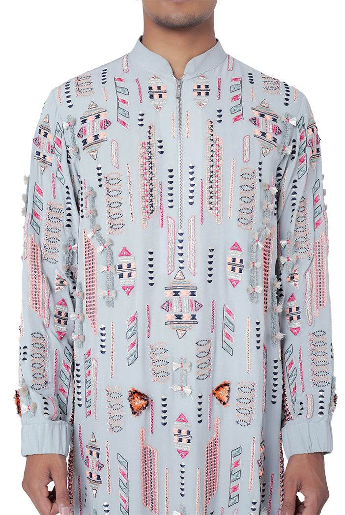 Pale Blue Colour Georgette and Chanderi Stripe Kurta with Cotton Silk Churidar