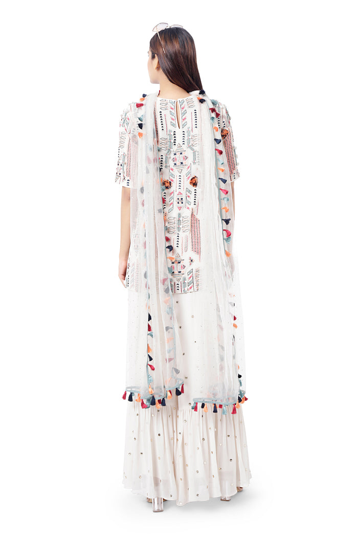 Qudrat Chalk White Colour Georgette Embroidered Kurta with Mukaish Georgette Sharara and Mukaish Net Dupatta